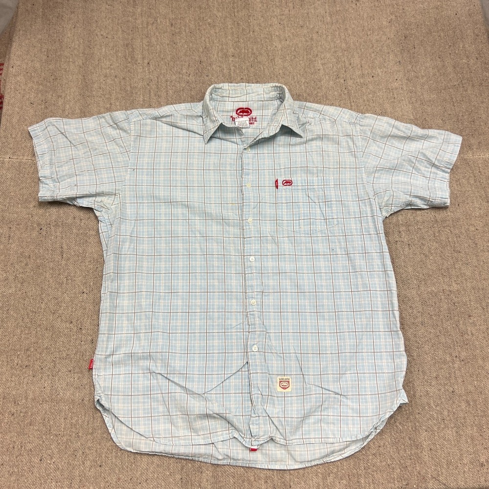 Vintage Ecko Unltd Button Up Shirt XXL Blue 2000s Y2K Plaid Striped